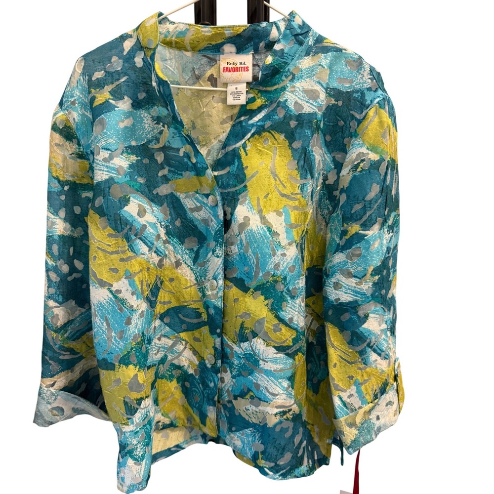 Ruby Rd Favorites Womens 6 Teal Green Abstract Sheer Button Up Blouse Side Slits